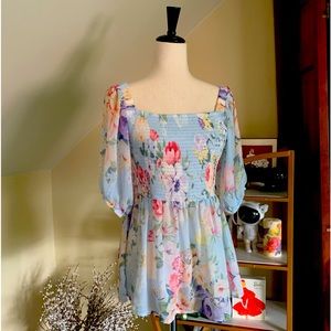 Smocked floral top with sheer puffy sleeves m